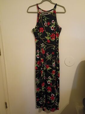 Discreet Black Maxi Dress with Red & Green Floral Print Y2K Sz XL
